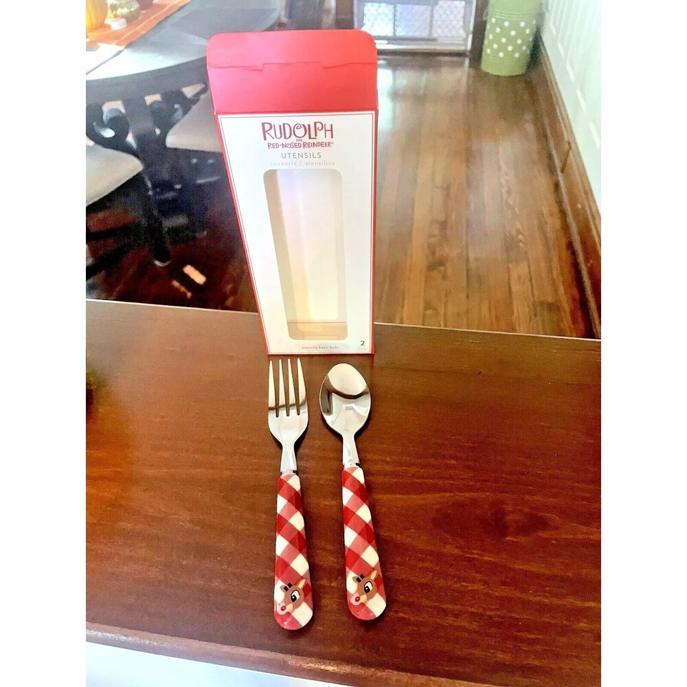 Pottery Barn Rudolph holiday Santa Christmas UTENSIL Plaid party School kid SET